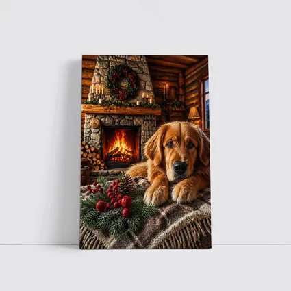 Golden Retriever Resting by Christmas Fireplace