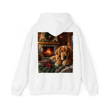 Golden Retriever Resting by Christmas Fireplace