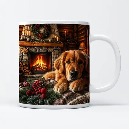 Golden Retriever Resting by Christmas Fireplace