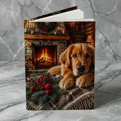 Golden Retriever Resting by Christmas Fireplace
