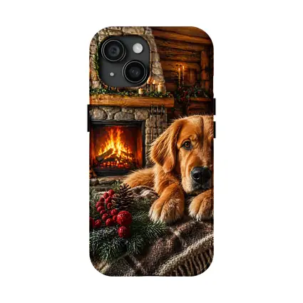 Golden Retriever Resting by Christmas Fireplace
