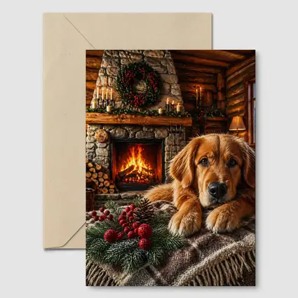 Golden Retriever Resting by Christmas Fireplace