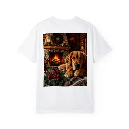 Golden Retriever Resting by Christmas Fireplace