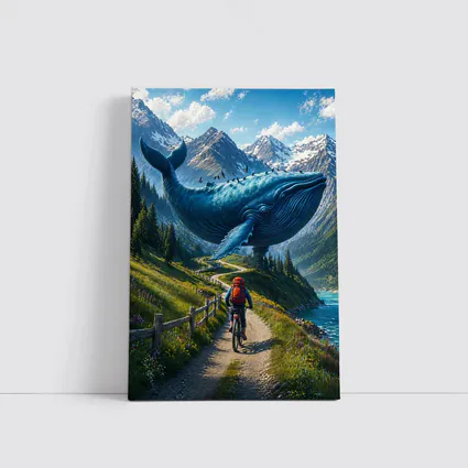 Giant Blue Whale Cyclist Mountain Trail Surreal