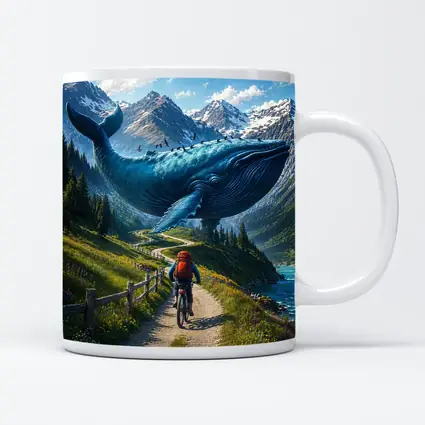 Giant Blue Whale Cyclist Mountain Trail Surreal