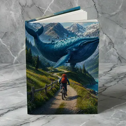 Giant Blue Whale Cyclist Mountain Trail Surreal
