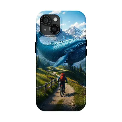 Giant Blue Whale Cyclist Mountain Trail Surreal