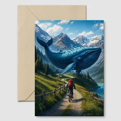 Giant Blue Whale Cyclist Mountain Trail Surreal