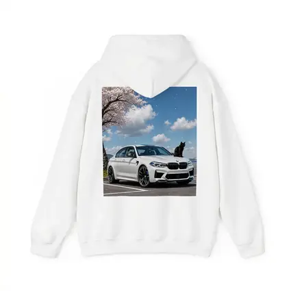 White BMW M5 Black Cat Cherry Blossoms