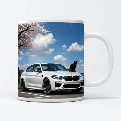 White BMW M5 Black Cat Cherry Blossoms