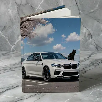 White BMW M5 Black Cat Cherry Blossoms