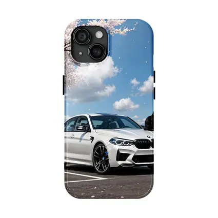 White BMW M5 Black Cat Cherry Blossoms