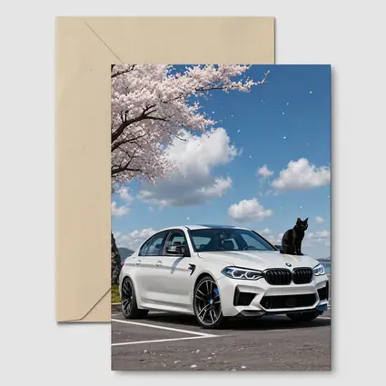 White BMW M5 Black Cat Cherry Blossoms