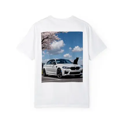 White BMW M5 Black Cat Cherry Blossoms