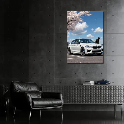 White BMW M5 Black Cat Cherry Blossoms