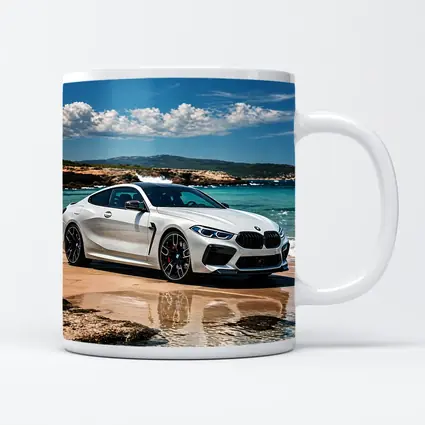 White BMW M8 Parked on Sunny Beach