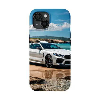 White BMW M8 Parked on Sunny Beach