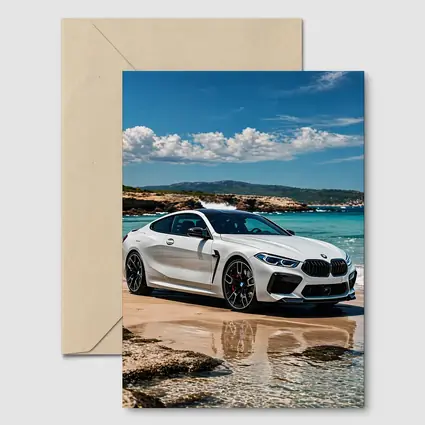 White BMW M8 Parked on Sunny Beach