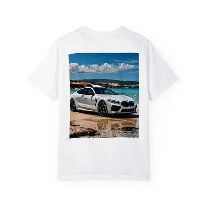 White BMW M8 Parked on Sunny Beach