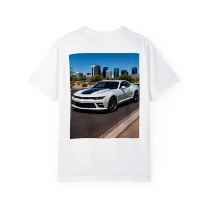 White Chevrolet Camaro City Skyline Background