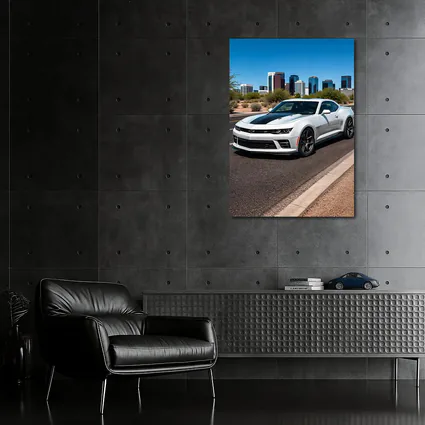 White Chevrolet Camaro City Skyline Background