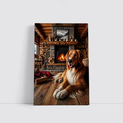 Golden Retriever Resting by Cozy Cabin Fireplace