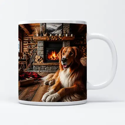 Golden Retriever Resting by Cozy Cabin Fireplace