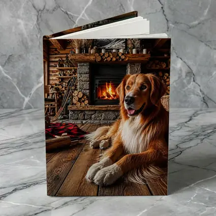 Golden Retriever Resting by Cozy Cabin Fireplace