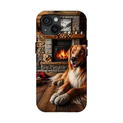 Golden Retriever Resting by Cozy Cabin Fireplace