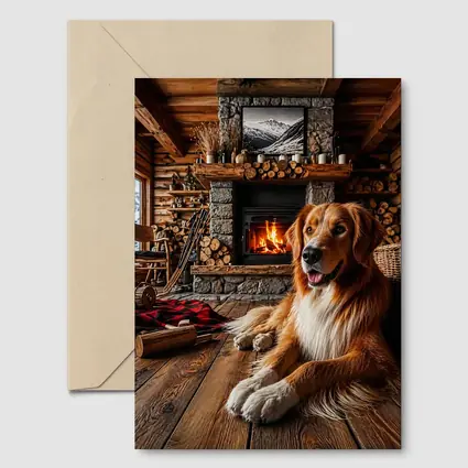 Golden Retriever Resting by Cozy Cabin Fireplace
