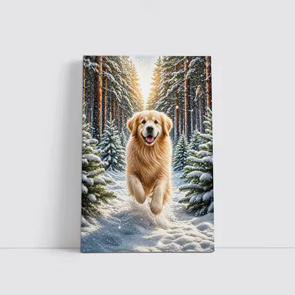 Golden Retriever Running Through Snowy Winter Forest