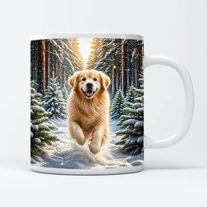 Golden Retriever Running Through Snowy Winter Forest