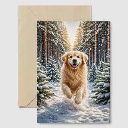 Golden Retriever Running Through Snowy Winter Forest