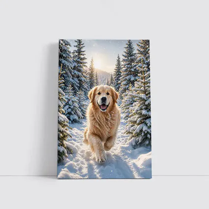 Golden Retriever Running Through Snowy Forest