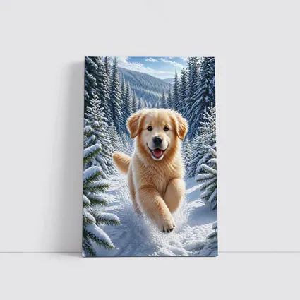 Golden Retriever Puppy Running Through Snowy Forest