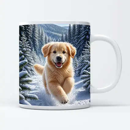 Golden Retriever Puppy Running Through Snowy Forest