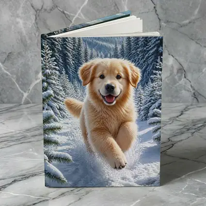 Golden Retriever Puppy Running Through Snowy Forest