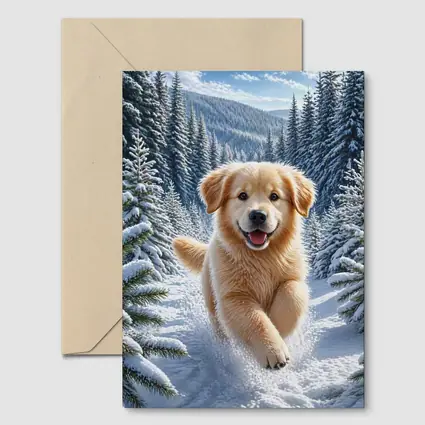 Golden Retriever Puppy Running Through Snowy Forest