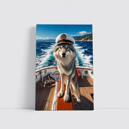 Wolf Captain Wearing Hat on Yacht