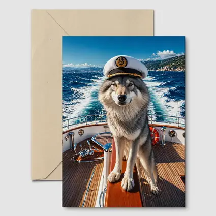 Wolf Captain Wearing Hat on Yacht