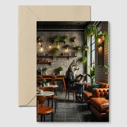 Wolf Reading Book In Stylish Cafe