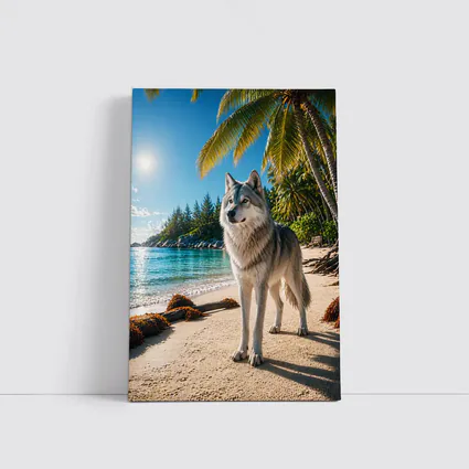 Wolf Standing on Tropical Sandy Beach