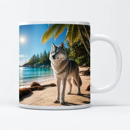 Wolf Standing on Tropical Sandy Beach