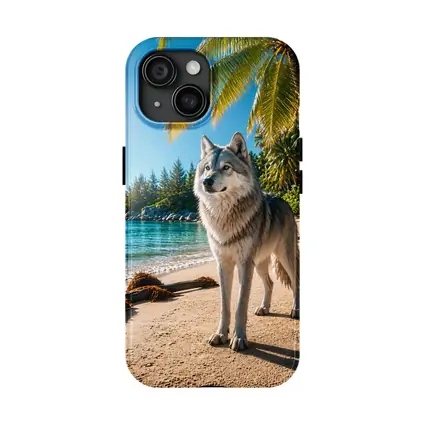 Wolf Standing on Tropical Sandy Beach