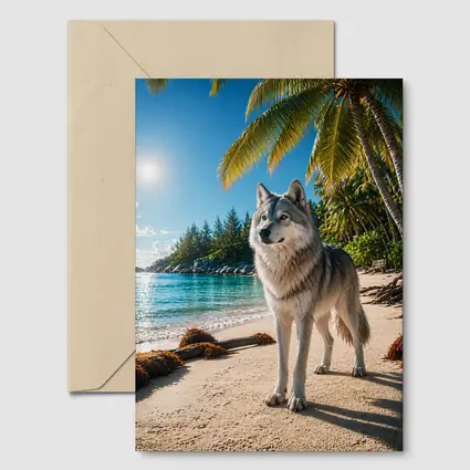 Wolf Standing on Tropical Sandy Beach