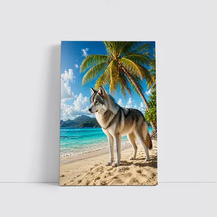 Wolf Standing On Tropical Beach Palm Trees