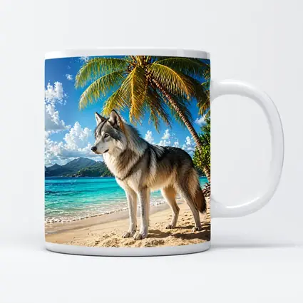 Wolf Standing On Tropical Beach Palm Trees