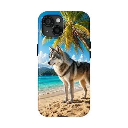 Wolf Standing On Tropical Beach Palm Trees