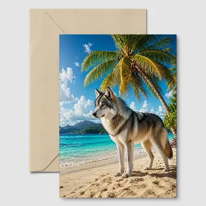Wolf Standing On Tropical Beach Palm Trees