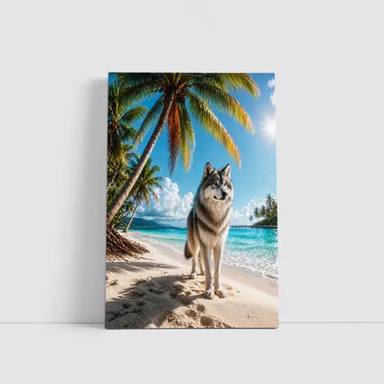 Wolf Standing on Sunny Tropical Beach